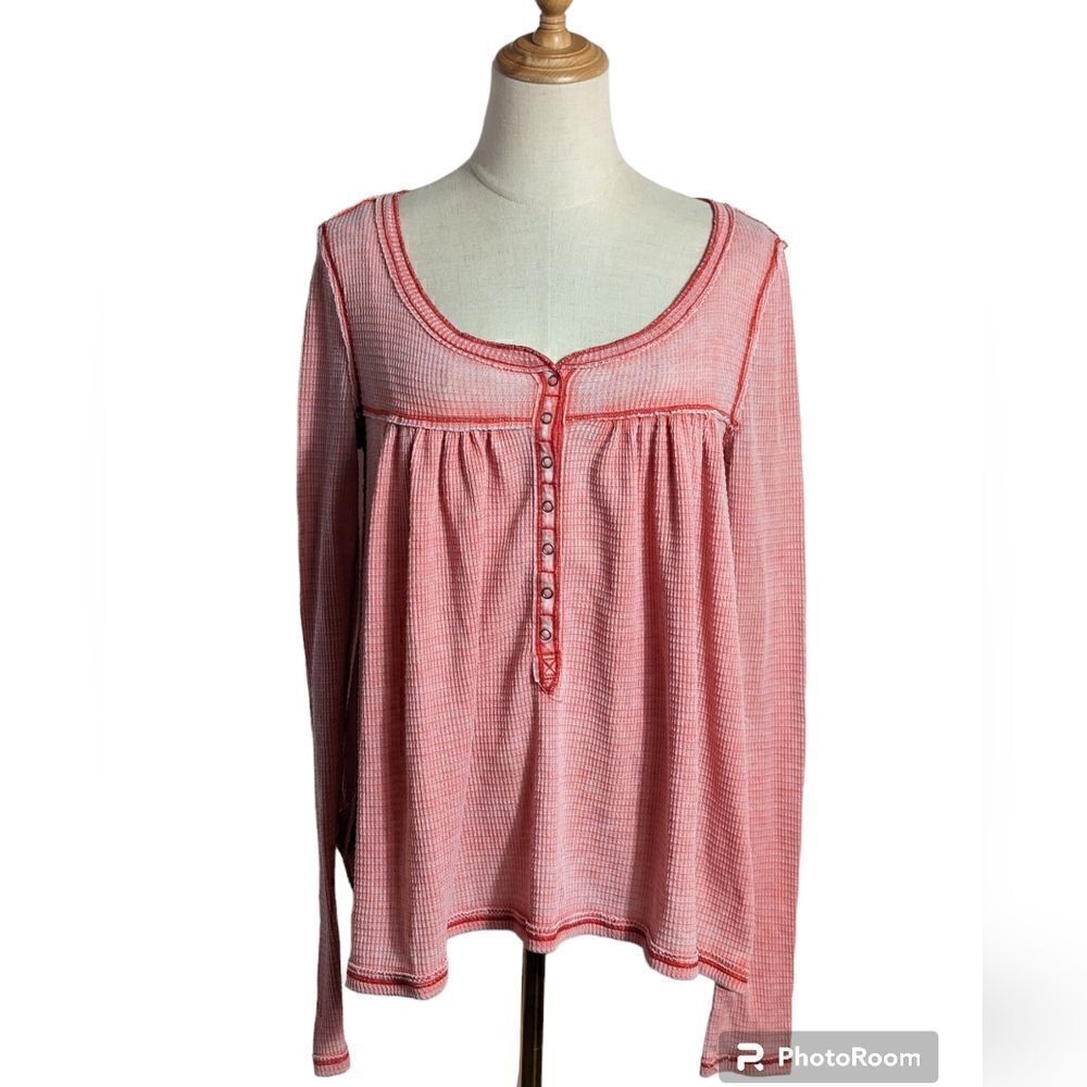 Free People Red Distressed Waffle Knit Babydoll Top